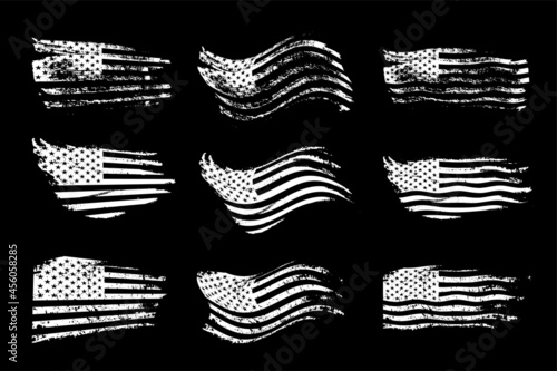 Black and white American flag in grunge style set. Vintage rough textured design vector illustration. Monochrome stripes and stars sketches of USA. Creative national symbol icons