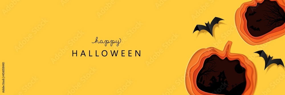 Happy halloween background with paper cut pumpkin and bats. Vector illustration Happy halloween background with paper cut pumpkin and bats. Vector illustration