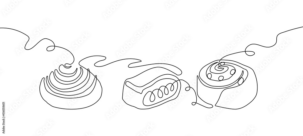 Pastries, sweet buns one line set art. Continuous line drawing of pretzel, strudel, cinnabon, bun. Pastries, sweet buns one line set art. Continuous line drawing of pretzel, strudel, cinnabon, bun.