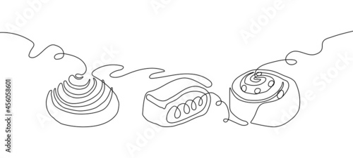 Pastries, sweet buns one line set art. Continuous line drawing of pretzel, strudel, cinnabon, bun.