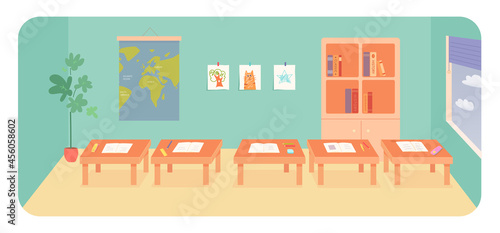 Empty school classroom, class room interior with student books for lesson on desk tables