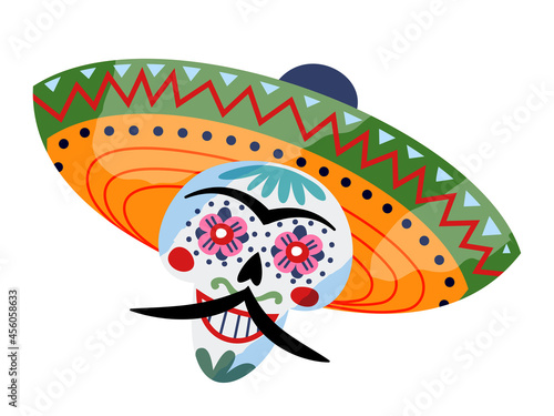 Portrait ornamental sugar skull or calavera decorated for Day of the Dead vector flat illustration