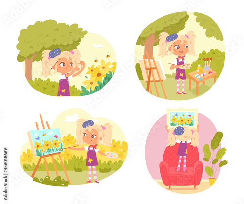 Girl artist painting set. Little child drawing outdoor picture of flowers on canvas on easel with brushes, watercolours, palette vector illustration. Hanging colorful art on wall