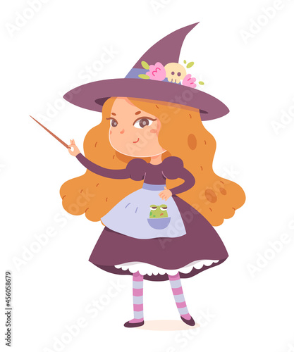Kid witch character in Halloween party,cute girl in magic costume and hat holding stick