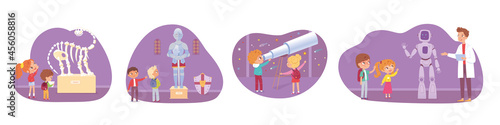 Children on museum trip set. Kids looking at astronomy, dinosaur skeleton, science, knight armour vector illustration. School excursion scenes. Science and education exhibits