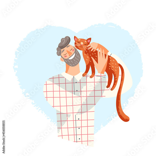 People pet owners hug, friendship and love with cute animal, happy man embracing kitten