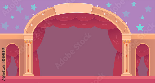 Puppet theater stage with red curtains, empty vintage stage for theatrical concert show