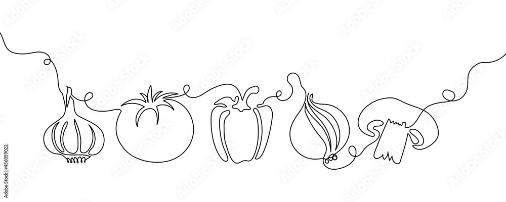 Vegetables one line set. Continuous line drawing of garlic, tomato, bell pepper, onion, mushroom. Vegetables one line set. Continuous line drawing of garlic, tomato, bell pepper, onion, mushroom.