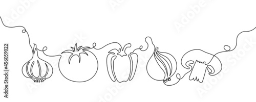 Vegetables one line set. Continuous line drawing of garlic, tomato, bell pepper, onion, mushroom.