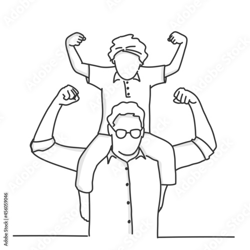 Boy sits on shoulders, dad and son show a gesture of strength.