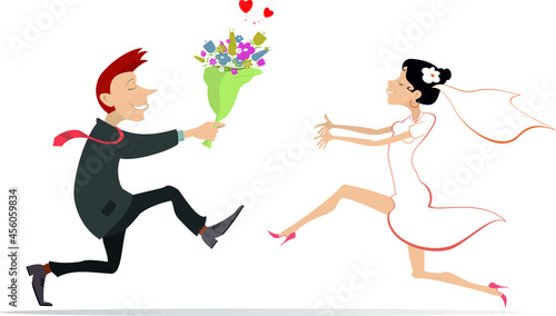 Cartoon married wedding couple illustration.
Heart symbol. Happy man with bunch of flowers and woman hurry to meet one another isolated on white
