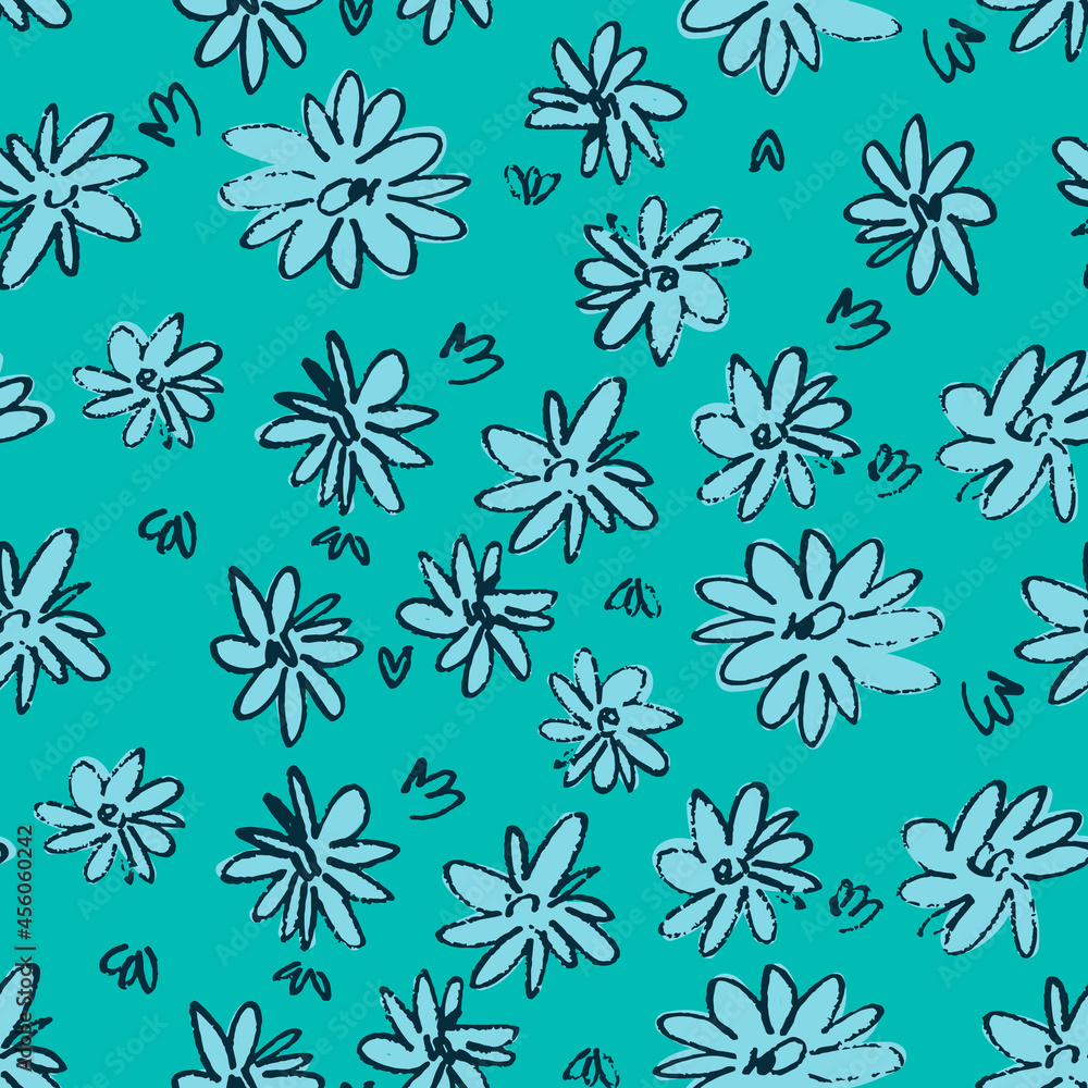 Seamless pattern with hand drawn meadow flowers in Ditzy style. Outlined illustrations on turquoise background for surface design and other design projects