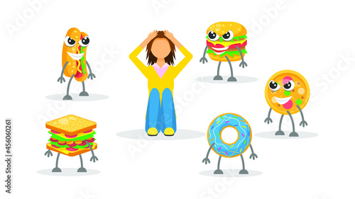 Abstract Flat Woman Skinny Girl Holding His Head Surrounded By Fast Food Cartoon People Character Concept Illustration Vector Design Style Lack Of Weight Anorexia