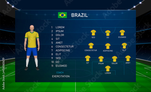 Football scoreboard broadcast graphic with squad soccer team Brazil