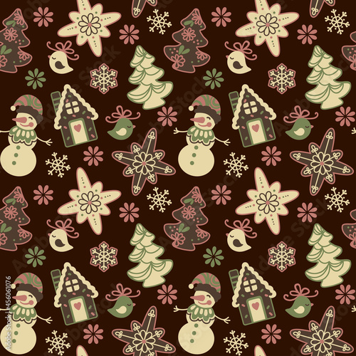 Christmas pattern for fabric, wallpaper, apparel. Illustration a gingerbread house,  christmas cookies, snowflake, snowman, christmas tree. Seamless pattern, vector.