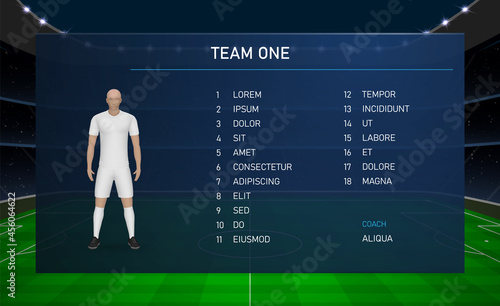 Football scoreboard broadcast graphic with squad soccer team