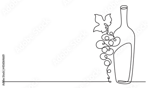 Bottle of wine and grapes. Still life. Sketch. Draw a continuous line. Decor.