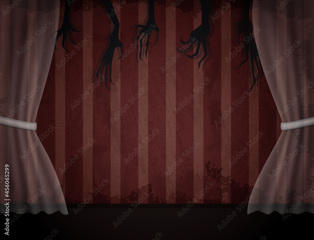 Aged old room with red striped grunge wallpaper, transparent curtain and shadows of creepy hands - obrazy, fototapety, plakaty 