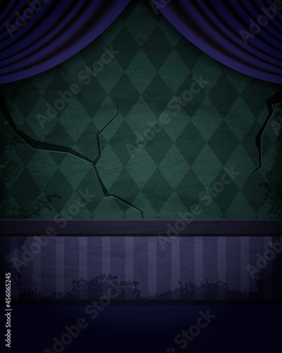 Aged old room with grunge wallpaper and blue curtain for Halloween design