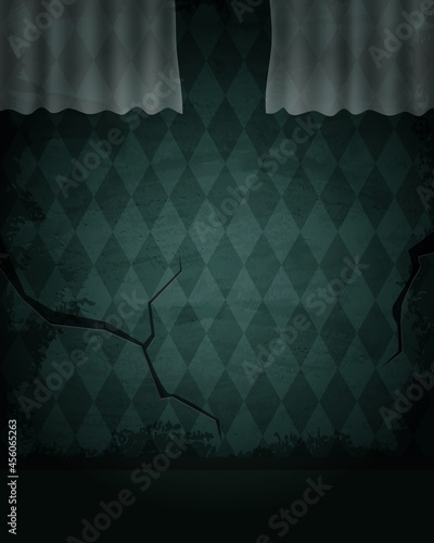 Aged old room with grunge wallpaper and transparent curtain