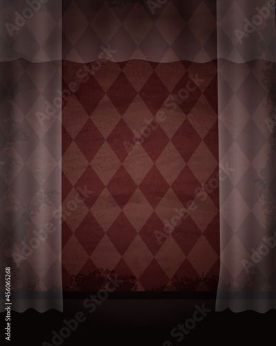 Aged old room with grunge wallpaper and transparent curtain