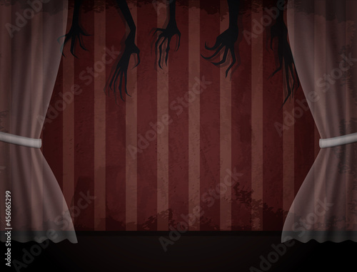 Aged old room with red striped grunge wallpaper, transparent curtain and shadows of creepy hands