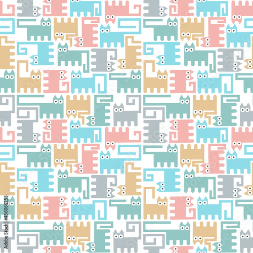 A seamless pattern of abstract cats in the form of a constructor. Mosaic panel of cats of geometrically simple shape