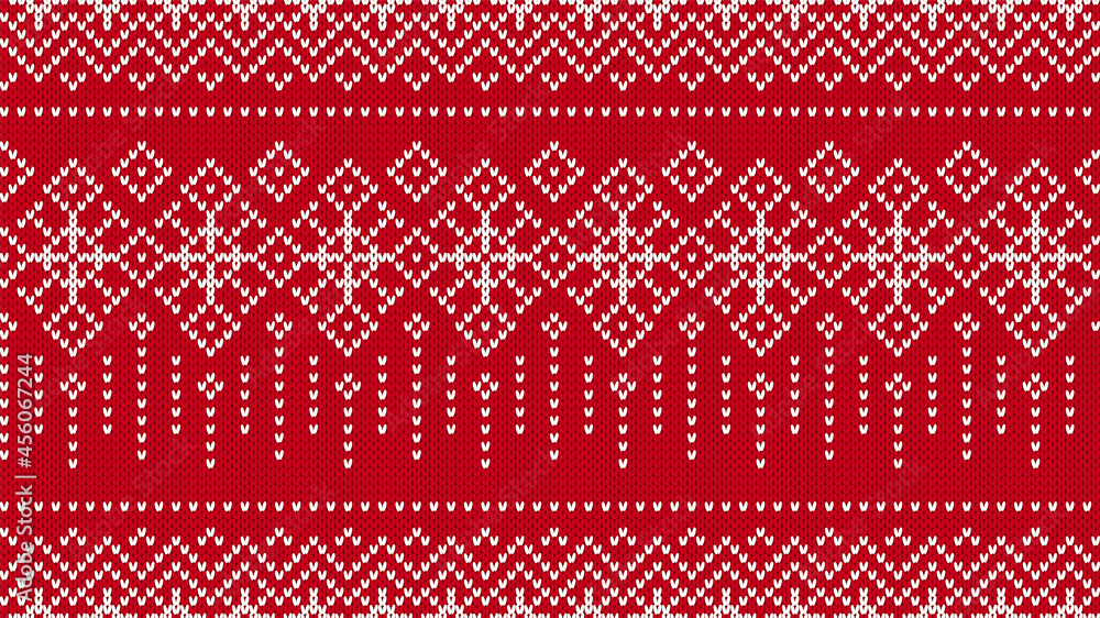 Knit seamless pattern. Red knitted texture. Christmas border. Fair isle traditional background. Xmas print. Holiday ornament. Geometric pullover. Festives weater. Vector illustration. Knit seamless pattern. Red knitted texture. Christmas border. Fair isle traditional background. Xmas print. Holiday ornament. Geometric pullover. Festives weater. Vector illustration.