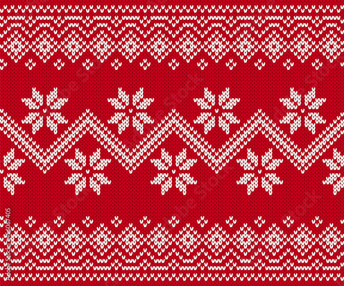 Knit print. Christmas seamless pattern. Red knitted sweater background. Xmas winter geometric texture. Holiday fair isle traditional ornament. Wool pullover. Festive crochet. Vector illustration.