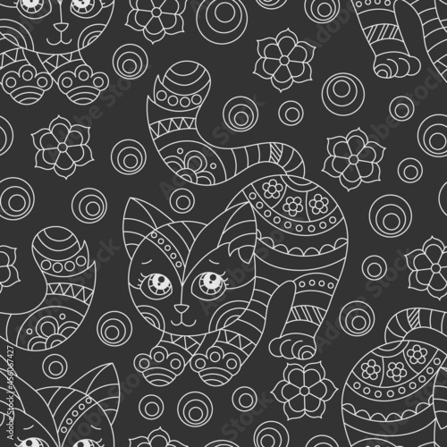 Seamless pattern with a light contour cats and flowers in stained glass style on a dark background