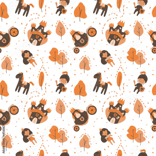 Childish autumn fairy tale seamless pattern with castle, princess, coach, knight, horse, autumn trees. Cute kids pattern for textile, card, wrappaper design