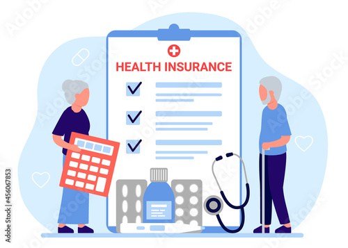 Health insurance senior people, tax claim law document. Elderly man and woman count medical form of healthcare with calculator. Vector illustration