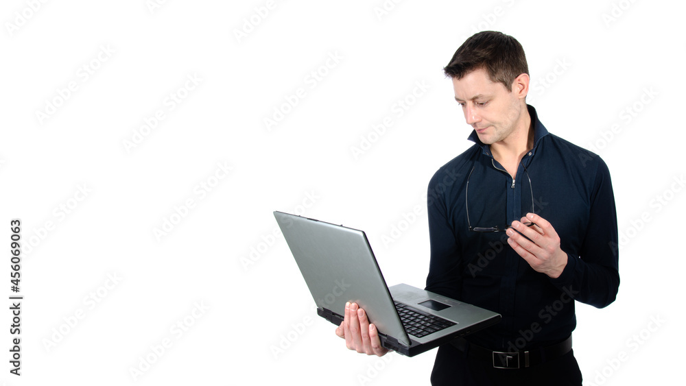 Funny handsome man with laptop. White background. Funny handsome man with laptop. White background.