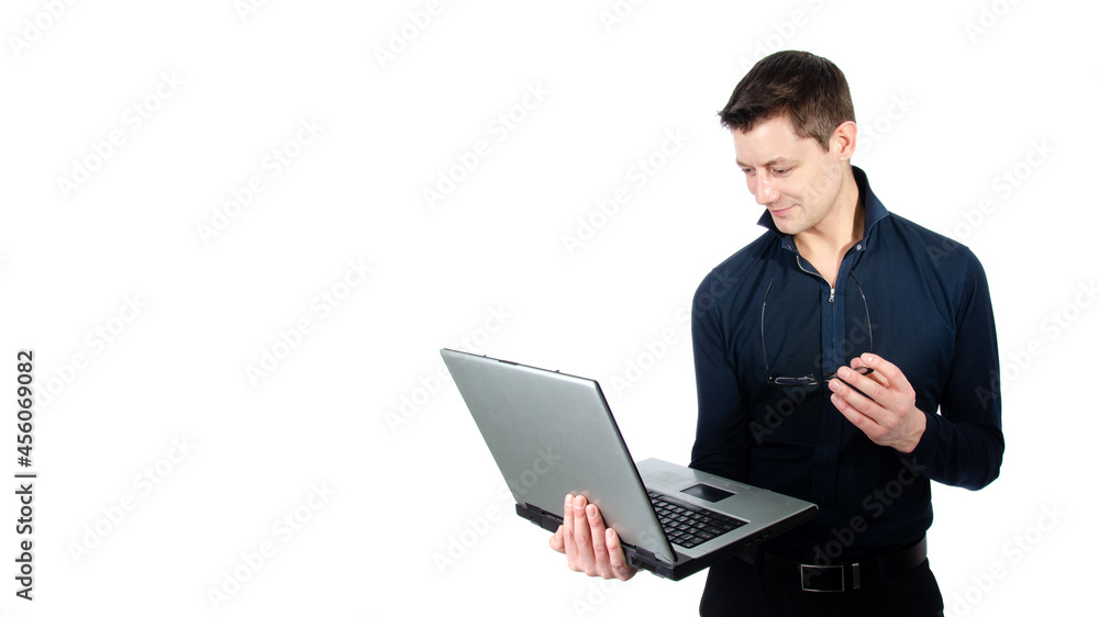 Funny handsome man with laptop. White background. Funny handsome man with laptop. White background.