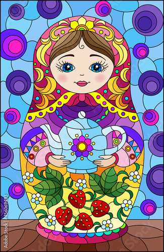A stained-glass illustration with a bright Russian doll on a blue background