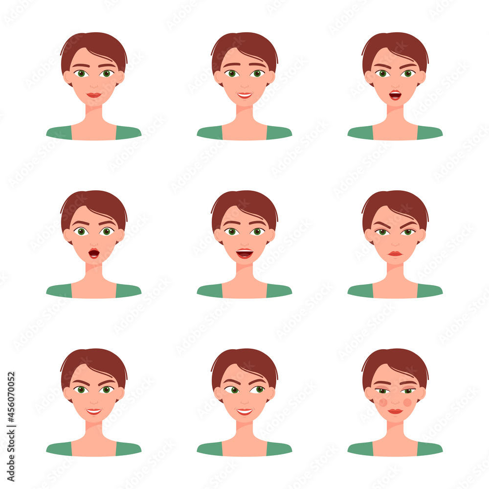 Set of emotions of beautiful girl. Collection of different female emotions, vector illustration Set of emotions of beautiful girl. Collection of different female emotions, vector illustration