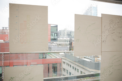Diagram sketches hanging on conference room window