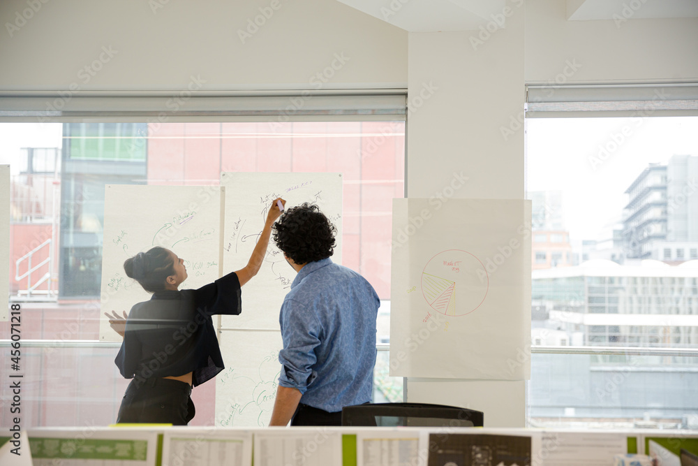 Business people discussing diagram sketches hanging on office window Business people discussing diagram sketches hanging on office window