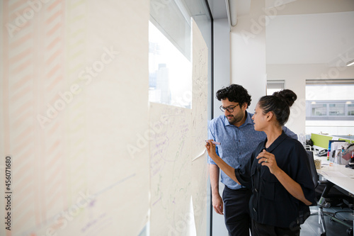 Business people discussing diagram sketches hanging on office window