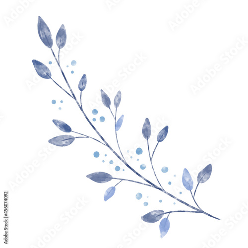 Watercolor textured vector branch with blue leaves and dots. Winter wreath plant element. Floral design artistic botany clip art.