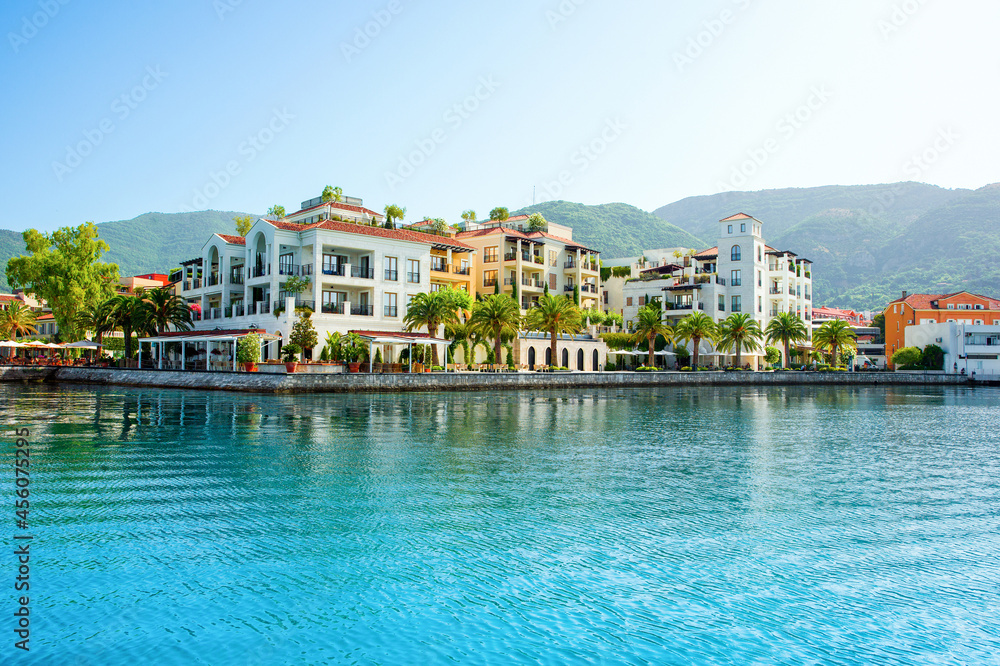 Sunset view of the yacht marina in Porto Montenegro