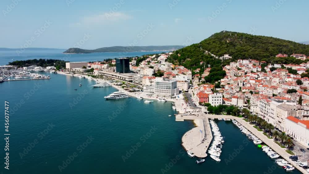 Drone shot Croatian city of Split in the resort region of Dalmatia. Hill with paths and city views Main attraction. View from a drone on a pier in the city of Split Croatia. Drone shot Croatian city of Split in the resort region of Dalmatia. Hill with paths and city views Main attraction. View from a drone on a pier in the city of Split Croatia.