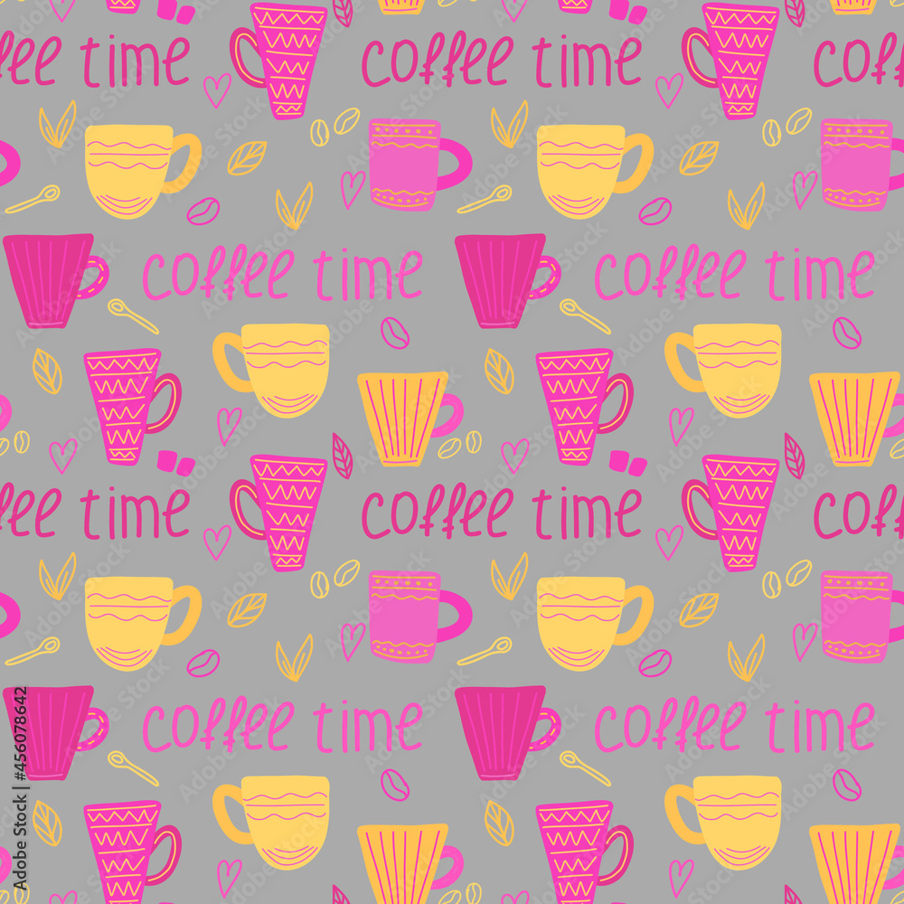 Vector coffee pattern with coffee cups and the inscription Coffee Time in doodle style on a white background. Pattern for menus, cafes, fabrics, posters, decoration.