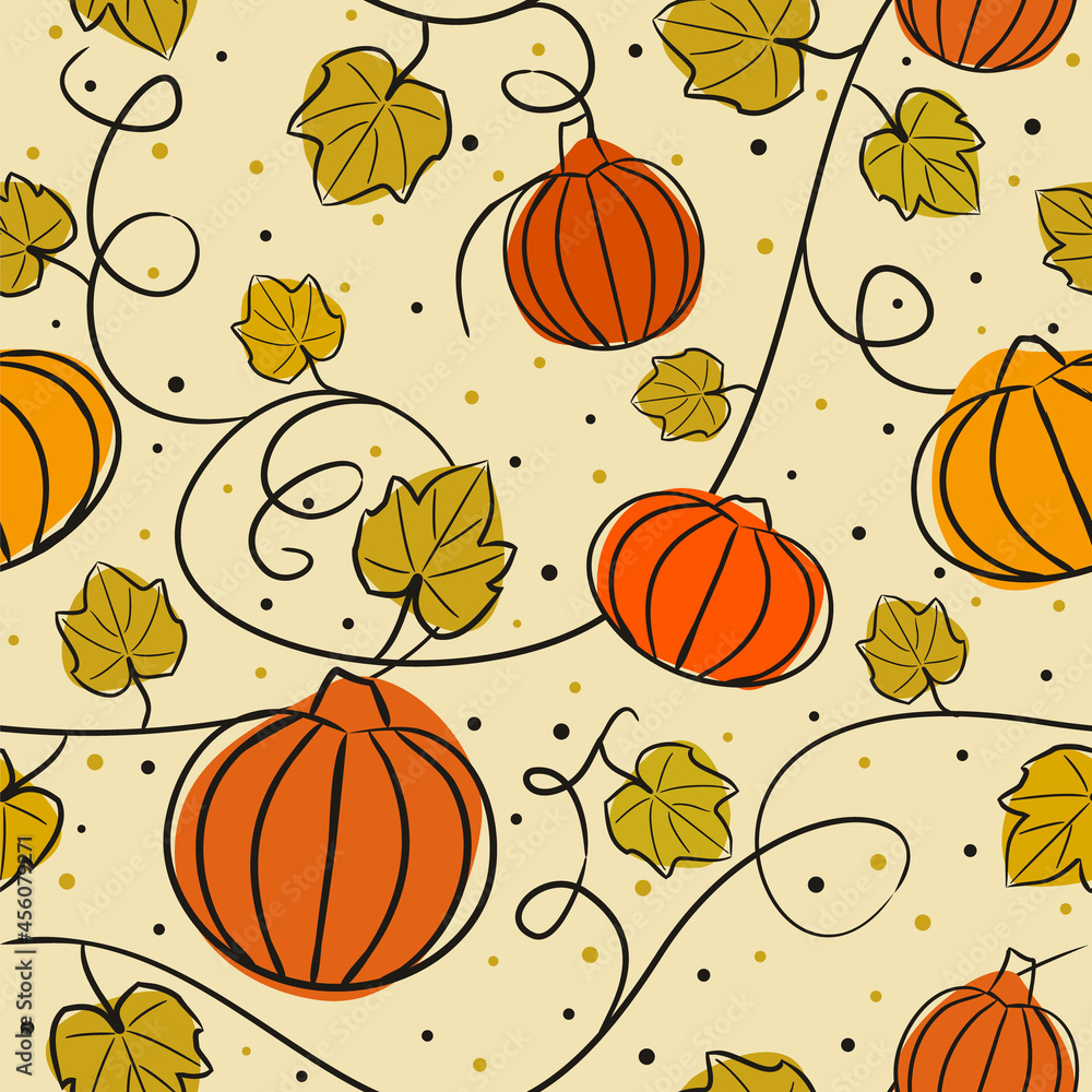 Seamless harvest pattern with pumpkins and leaves. Autumn background in orange, green tones. Hand drawn ripe vegetables and foliage. Vector illustration on theme of fall, thanksgiving and halloween
