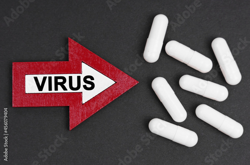 Tablets are on a black background. They are indicated by an arrow on which it is written - VIRUS