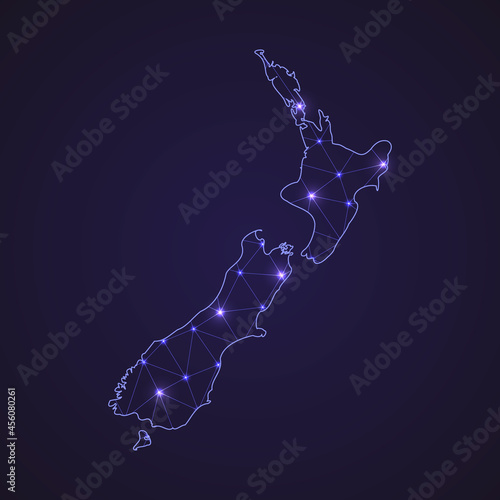 Digital network map of New Zealand. Abstract connect line and dot