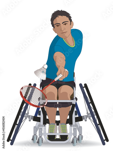 para sports paralympic badminton, physical disabled male athlete sitting in specialized wheelchair holding racquet hitting shuttle isolated on white background