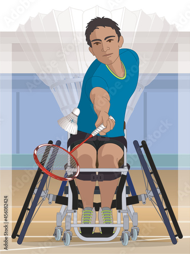 para sports paralympic badminton, physical disabled male athlete sitting in specialized wheelchair holding racquet hitting shuttle with stadium background