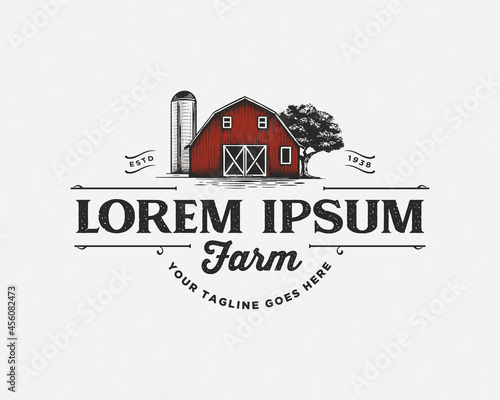 Print op canvas Vintage red barn farm logo design