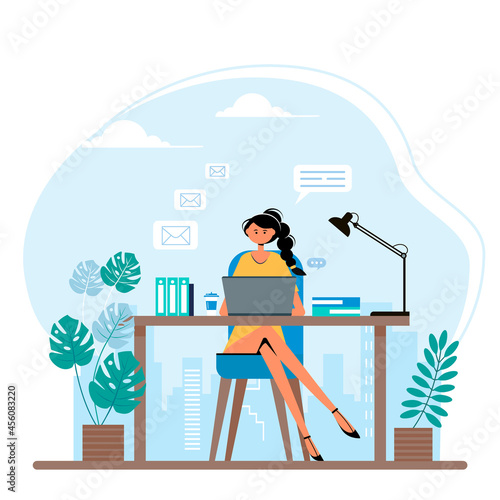 Business woman on the table with laptop in office. Flat style vector illustration.